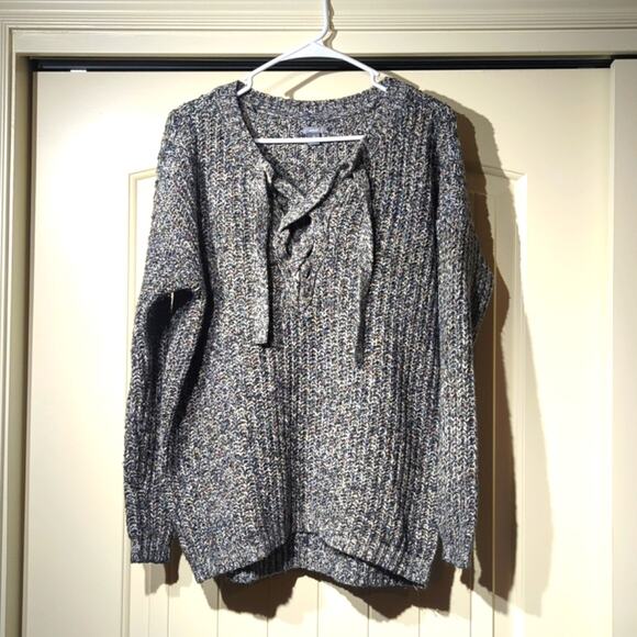 aerie Variegated Gray Woven Sweater with Criss Cross Tie Placket Women's Size SP - Picture 1 of 7